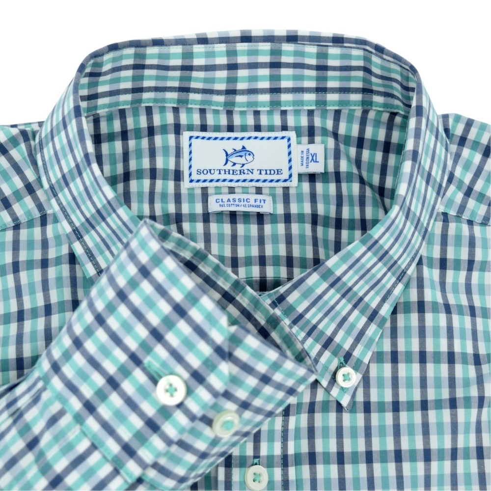 Southern Tide Men's XL Nassau Gingham Cotton Stretch LS Sport Shirt Green Blue - Picture 2 of 15